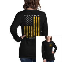Load image into Gallery viewer, Women&#39;s Buck Cancer Flag Gold - L/S Tee
