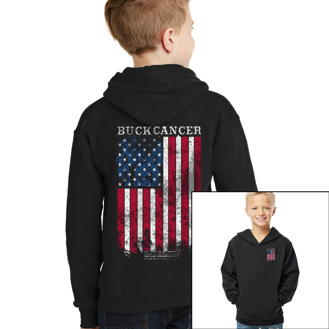 Youth Buck Cancer Flag Red White & Blue - Pullover Hoodie