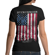Load image into Gallery viewer, Women&#39;s Buck Cancer Flag Red White &amp; Blue - S/S Tee
