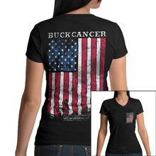 Load image into Gallery viewer, Women&#39;s Buck Cancer Flag Red White &amp; Blue - V-Neck
