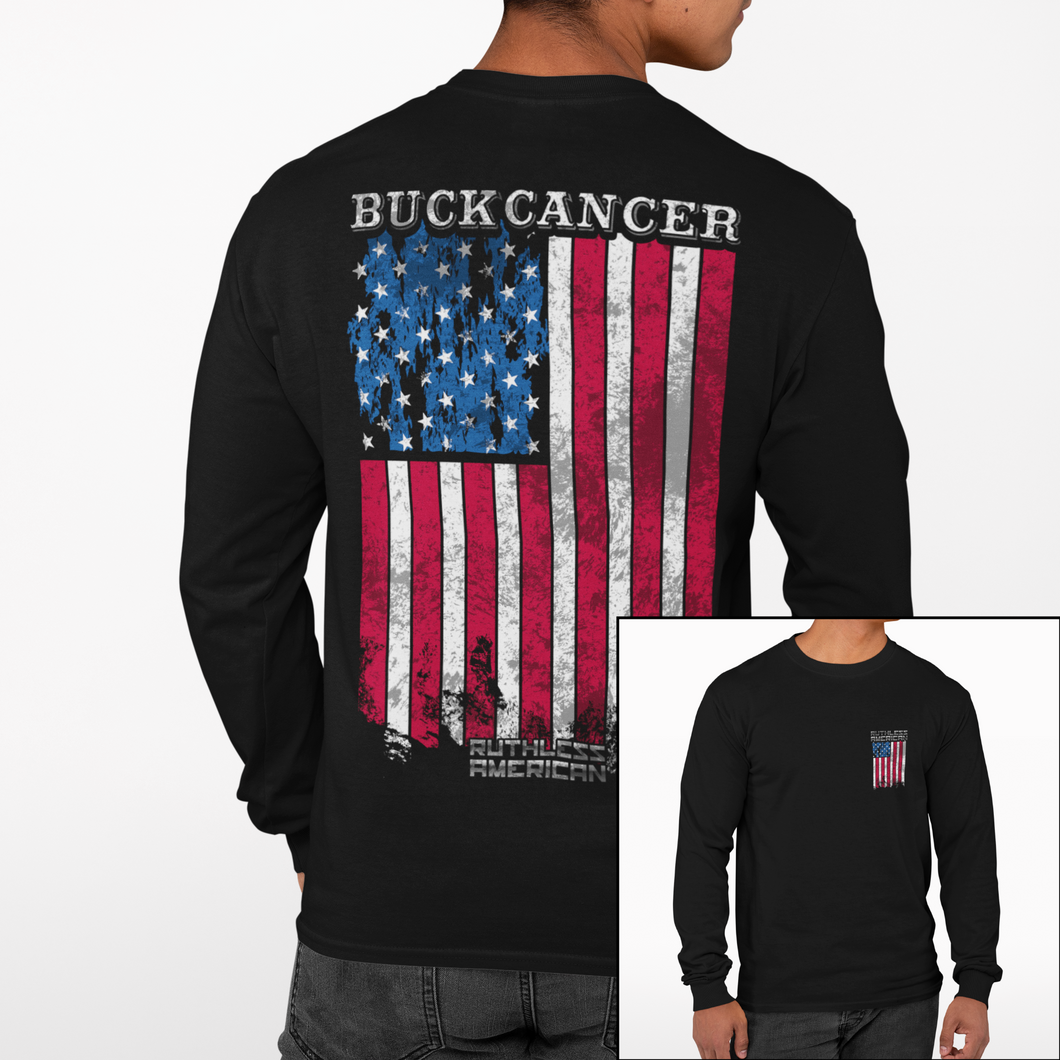 Buck Cancer Flag Red White & Blue - L/S Tee