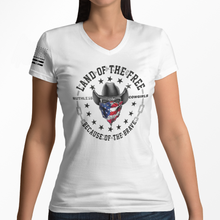 Load image into Gallery viewer, Women&#39;s Land Of The Free - Cowgirl Front- V-Neck
