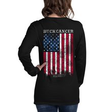 Load image into Gallery viewer, Women&#39;s Buck Cancer Flag Red White &amp; Blue - L/S Tee
