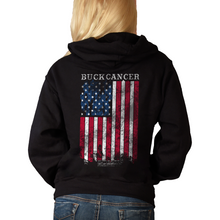 Load image into Gallery viewer, Women&#39;s Buck Cancer Flag Red White &amp; Blue - Pullover Hoodie
