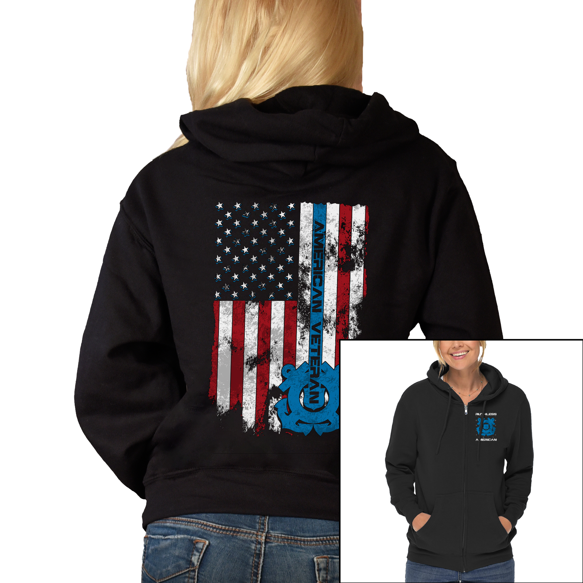 Women s American Veteran Coast Guard Zip Up Hoodie Ruthless
